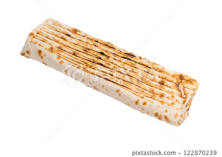 Traditional oriental shawarma, doner kebab with meat and salad isolated on white background Traditional oriental shawarma, doner kebab with meat and salad isolated on white background 122870239