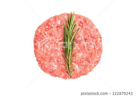 Raw meat patties, chopped meat for burgers isolated on white background 122870243