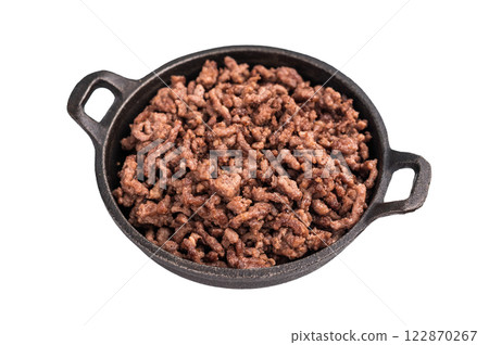 Fried ground beef and pork meat, fresh cooked mince in a skillet isolated on white background 122870267