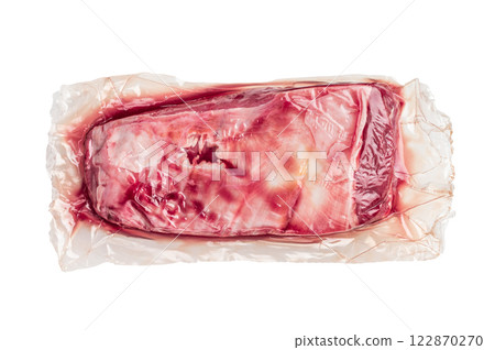 Close-up of raw buffalo meat cuts, highlighting the marbling and vibrant hue, perfect for creating delicious and nutritious dishes. isolated on white background. top view 122870270
