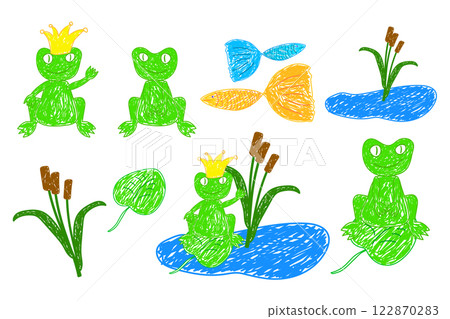 Whimsical Hand-Drawn Frogs and Pond Scene Whimsical Hand-Drawn Frogs and Pond Scene 122870283