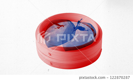 Korean dish served in traditional pot in blue and red against white textured background 122870287