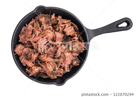 Traditional barbecue pulled beef, Slow cooked meat cooked in a smoker isolated on white background. top view 122870294