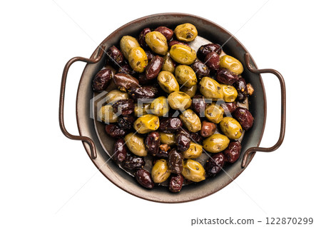 Marinated pickled mix olives in kitchen tray isolated on white background. Marinated pickled mix olives in kitchen tray isolated on white background. 122870299