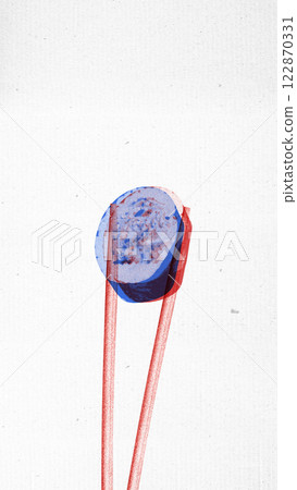 Chopsticks lifting sushi roll, with layered red and blue halftone textures against white background Chopsticks lifting sushi roll, with layered red and blue halftone textures against white background 122870331