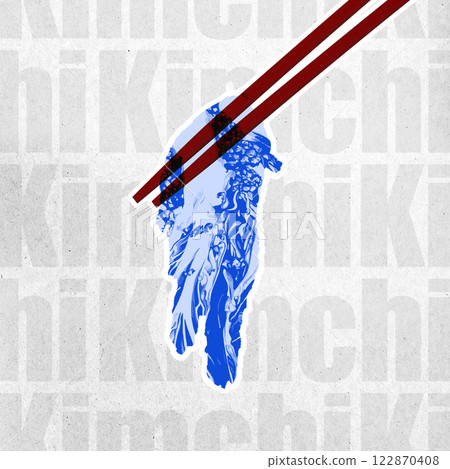 Chopsticks holding blue toned kimchi against textured background with repeated text. Traditional Korean dish Chopsticks holding blue toned kimchi against textured background with repeated text. Traditional Korean dish 122870408