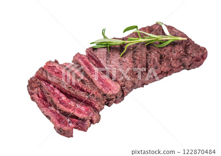 Grilled and sliced Flank beef steak, BBQ meat isolated on white background. top view 122870484