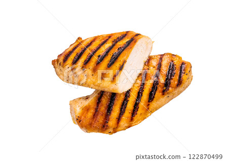Grilled Chicken breasts, roasterd eco poultry meat steaks, isolated on white background. 122870499