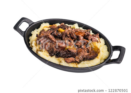 Braised Beef Cheek, Slow cooked meat with smashed potatoes in a skillet isolated on white background. top view 122870501