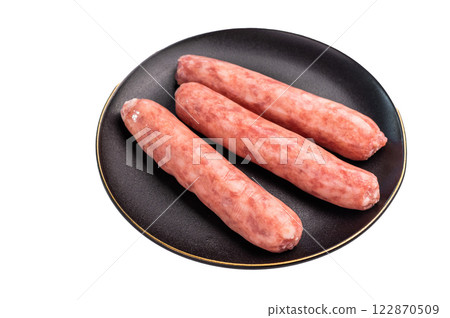 Raw beef and lamb sausage or bratwurst isolated on white background 122870509