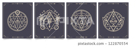 Set of posters with mystical sacred geometric symbols. Alchemy, occultism, philosophical cards. Illustration in boho style. Set of posters with mystical sacred geometric symbols. Alchemy, occultism, philosophical cards. Illustration in boho style. 122870554