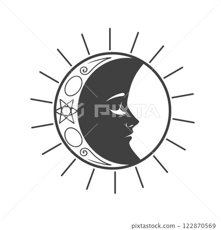 Sun and moon celestial art. Sun and moon logo concept. Black and white illustration Sun and moon celestial art. Sun and moon logo concept. Black and white illustration 122870569