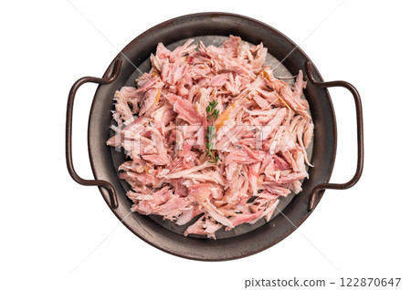 Hot smoked Pulled Chicken meat in a tray isolated on white background Hot smoked Pulled Chicken meat in a tray isolated on white background 122870647