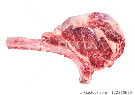 Raw tomahawk steak with marbling, fresh rib eye with bone Isolated on a white background. top view Raw tomahawk steak with marbling, fresh rib eye with bone Isolated on a white background. top view 122870659