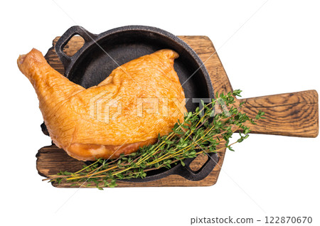 BBQ Smoked chicken leg, poultry meat in skillet isolated on white background. top view 122870670