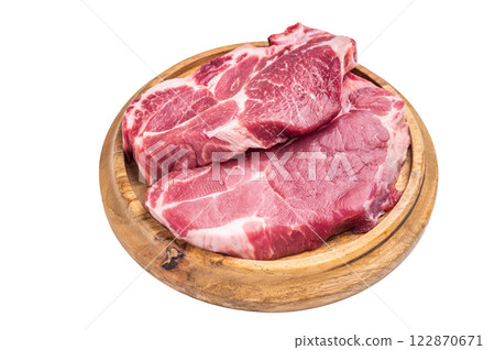 Raw pork tender neck steak, fresh meat isolated on white background. top view 122870671
