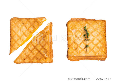 Grilled sliced cheese sandwichs isolated on white background. top view 122870672
