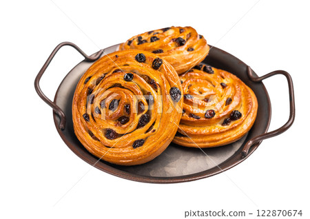 Baked Danish pastry, raisin bun isolated on white background. top view Baked Danish pastry, raisin bun isolated on white background. top view 122870674