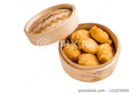 Japanese Taiyaki Fish Shaped Cake with Sweet Red Bean Paste isolated on white background. top view Japanese Taiyaki Fish Shaped Cake with Sweet Red Bean Paste isolated on white background. top view 122870684