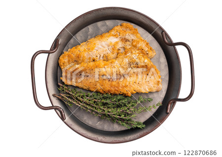 Fried Hake white fish fillet isolated on white background. top view 122870686