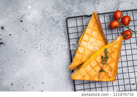 Grilled cheese sandwich on steel rack. grey background. top view 122870716