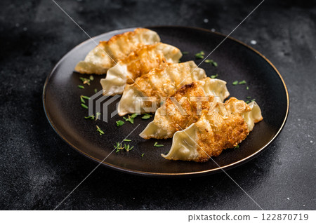 Asian Fried Dumplings, Jiaozi, Gyoza, Dim sum with meat and vegetables on plate. black background. top view Asian Fried Dumplings, Jiaozi, Gyoza, Dim sum with meat and vegetables on plate. black background. top view 122870719