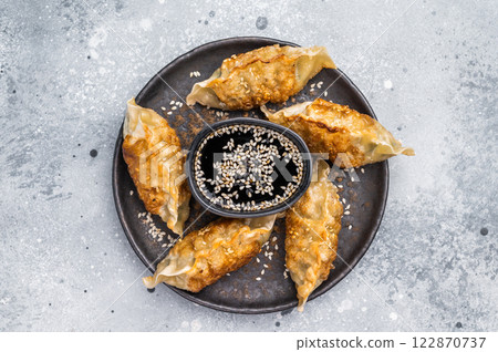 Fried Chinese Dumplings Jiaozi with meat and vegetables on plate with sauce. grey background. top view Fried Chinese Dumplings Jiaozi with meat and vegetables on plate with sauce. grey background. top view 122870737