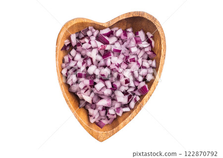 Diced Red onion in wooden bowl isolated on a white background. top view Diced Red onion in wooden bowl isolated on a white background. top view 122870792