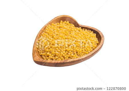 raw Dry Ptitim pasta, Israeli couscous isolated on white background. top view 122870800