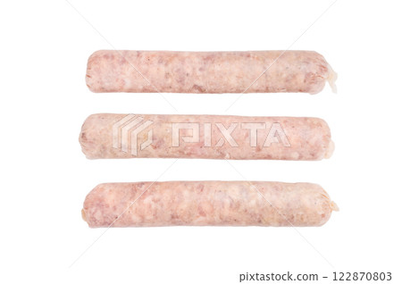 Homemade raw pork sausage, german bratwurst isolated on white background. top view 122870803