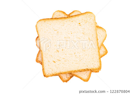 Square Slices of loaf wheat bread for toasts isolated on white background 122870804