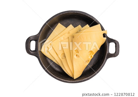 Swiss cheese slices with holes isolated on white background. top view Swiss cheese slices with holes isolated on white background. top view 122870812