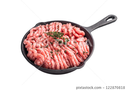Ready for cooking raw ground pork and beef meat, fresh mince meat in skillet isolated on white background. top view Ready for cooking raw ground pork and beef meat, fresh mince meat in skillet isolated on white background. top view 122870818