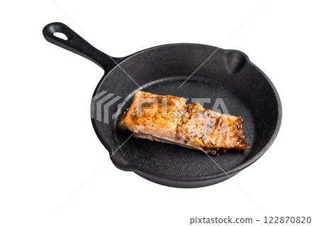Teriyaki salmon fillet steak with glaze isolated on white background. top view 122870820