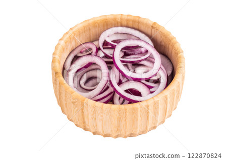 Sliced red onion rings in bowl isolated on white background. top view Sliced red onion rings in bowl isolated on white background. top view 122870824