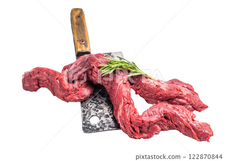 Alternative Beef cut Machete Skirt Steak, raw prime meat on butcher table isolated on white background 122870844