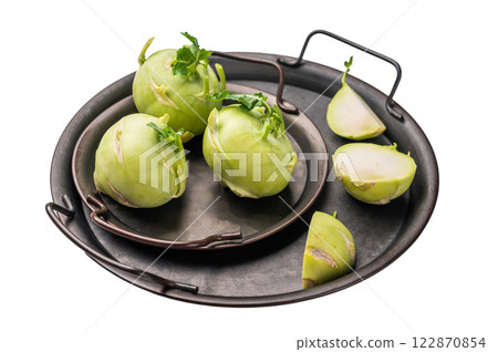Raw kohlrabi on steel tray, Vegetable from Organic farm isolated on white backround. top view 122870854