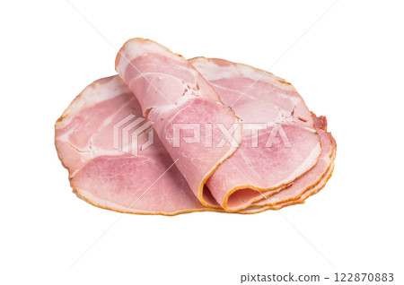 Thinly sliced pork ham, smoked meat isolated on white background. top view Thinly sliced pork ham, smoked meat isolated on white background. top view 122870883
