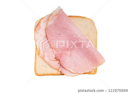 Ham sandwich, Bread with sliced pork meat isolated on white background. top view Ham sandwich, Bread with sliced pork meat isolated on white background. top view 122870889
