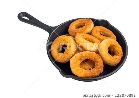 Crispy Fried onion rings, delicious snack in a pan isolated on white background. top view 122870892