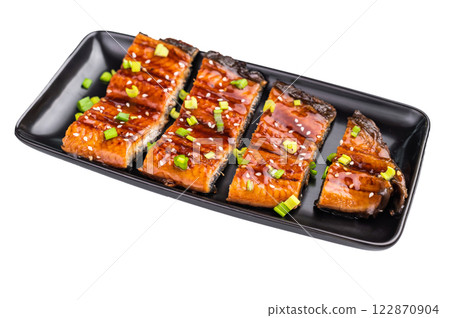 Japanese grilled eel with sweet soy sauce isolated on white background. top view Japanese grilled eel with sweet soy sauce isolated on white background. top view 122870904