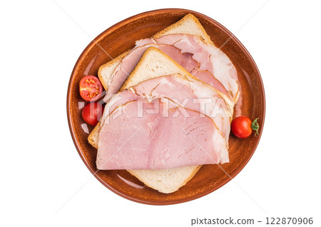 Ham sandwich, toast with sliced Prosciutto Cotto isolated on white background. top view 122870906