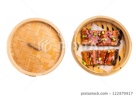 Unagi eel, Japanese grilled eel with sweet soy sauce isolated on white background. top view Unagi eel, Japanese grilled eel with sweet soy sauce isolated on white background. top view 122870917