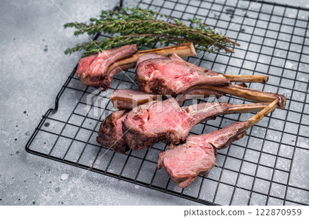 Roasted lamb chops steaks, mutton meat cutlets. grey background. top view 122870959