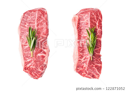 Raw Top blade steak, beef shoulder meat isolated on white background. top view Raw Top blade steak, beef shoulder meat isolated on white background. top view 122871052