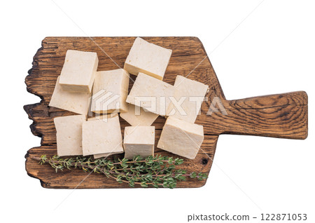 Organic Diced soy tofu cheese isolated on white background. top view Organic Diced soy tofu cheese isolated on white background. top view 122871053
