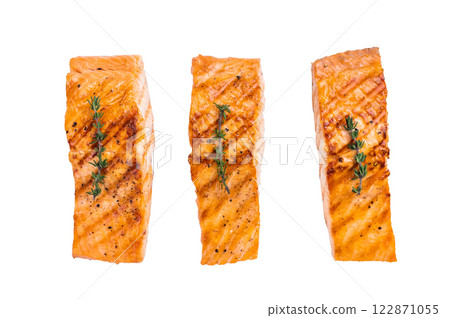 BBQ roast salmon fillet steak, roast fish isolated on white background. top view 122871055