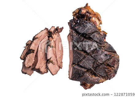 Roasted Roe Deer leg. slow cooked game meat of venison with bone isolated on white background. top view 122871059