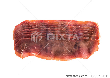 Dried spanish meat slices cecina, spanish tapa isolated on white background. top view 122871061