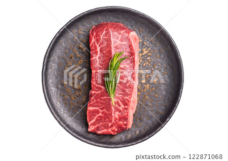 Australian Oyster Top blade steak, Fresh Beef shoulder meat on plate isolated on white background. top view Australian Oyster Top blade steak, Fresh Beef shoulder meat on plate isolated on white background. top view 122871068